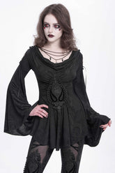 Black Long Trumpet Sleeves Print Embroidery Women's Gothic Blouse
